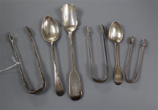 Three pairs of silver sugar tongs including Victorian and three other silver spoons including GIII Scottish dessert spoon.
